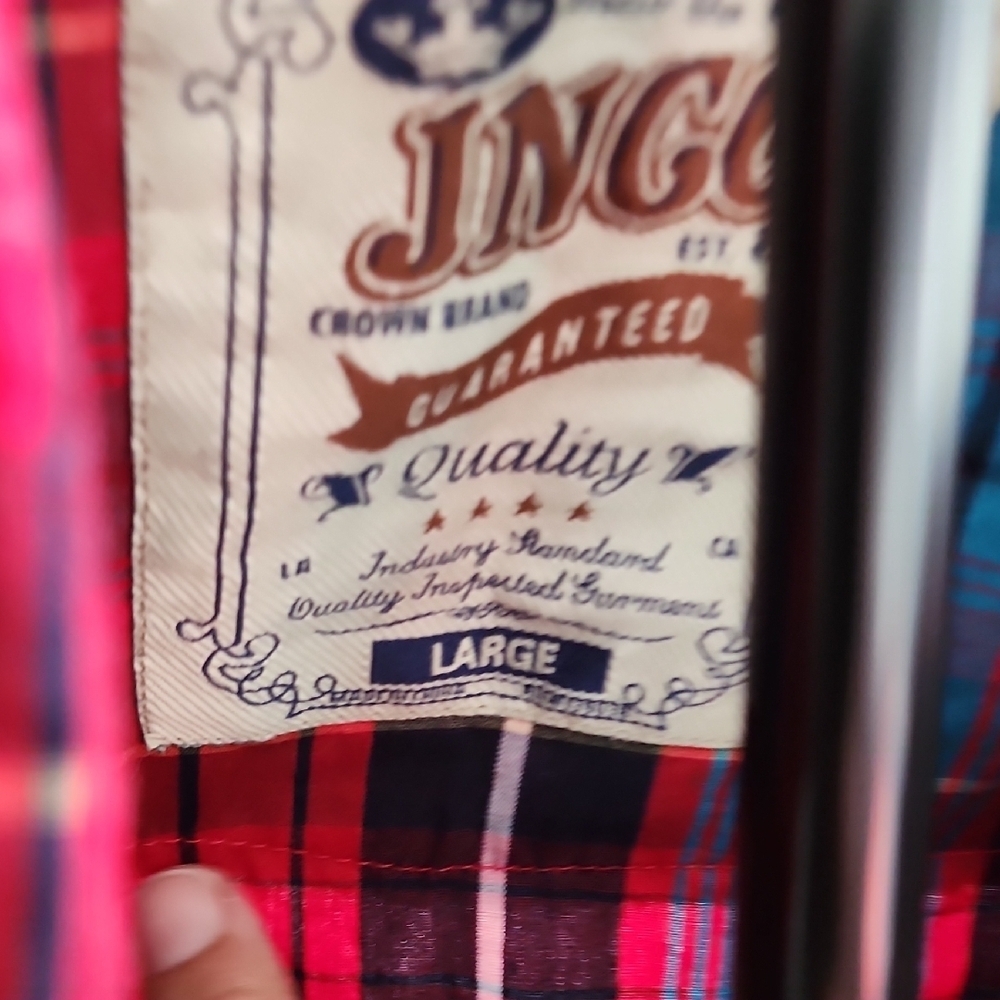 JNCO Red Blue Plaid Button Down Shirt Y2K Streetwear - Picture 3 of 4